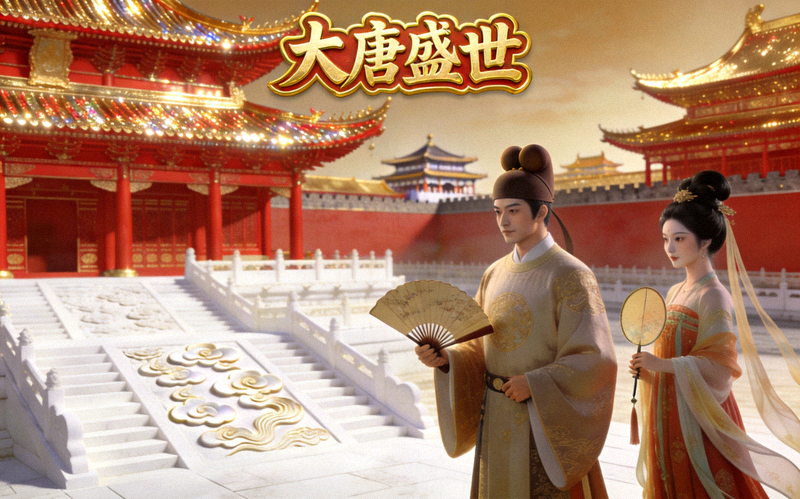 中国风主题电子游戏'大唐盛世'游戏截图 - 华丽的宫殿与人物造型